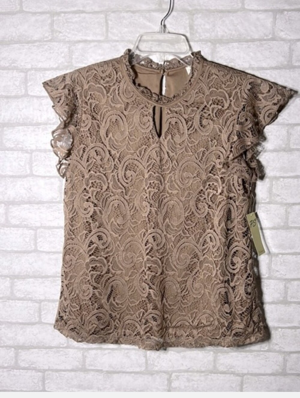 Scallop Lace Flutter Sleeve Blouse - Taupe
